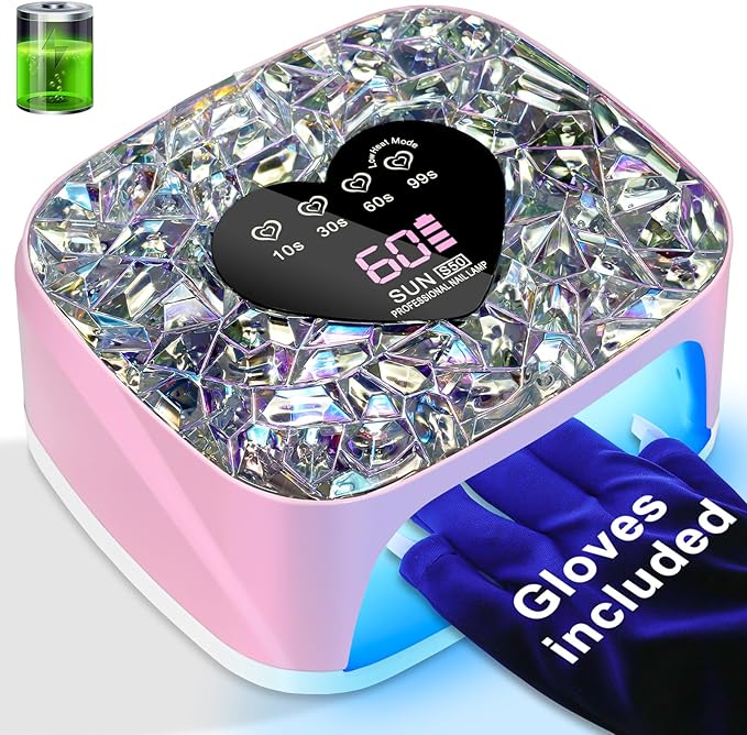 LIMEGIRL UV LED Nail Lamp Kit for Gel Polish Professional Fast Pink Diamond Design Curing Dryer Light Set with 4 Timers and Gloves Cordless Rechargeable Nail Art Cure Machine at Home and Salon