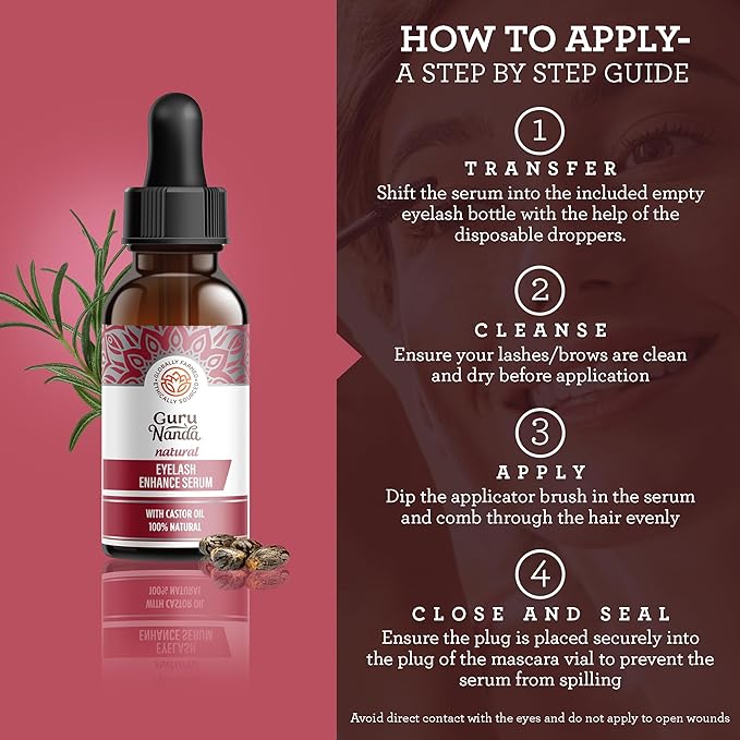 GuruNanda Natural Castor Oil Eyelash Enhance Serum with Rosemary Oil - Brush Applicator & 5 Pipettes, Helps Natural Hair Growth for Eyebrows & Beards, 2 Fl Oz
