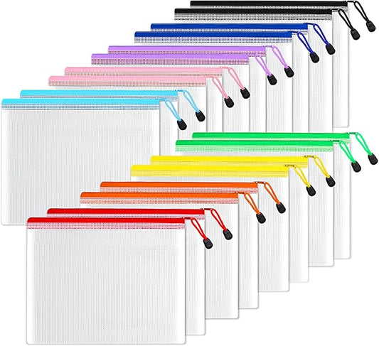 SUNEE Plastic Mesh Zipper Pouch 7.8x10.8 in (9 Colors, 18 Packs),Extra Large Water-Resistant Zip Bag for School Office Supplies, Puzzles & Games Organizing Storage
