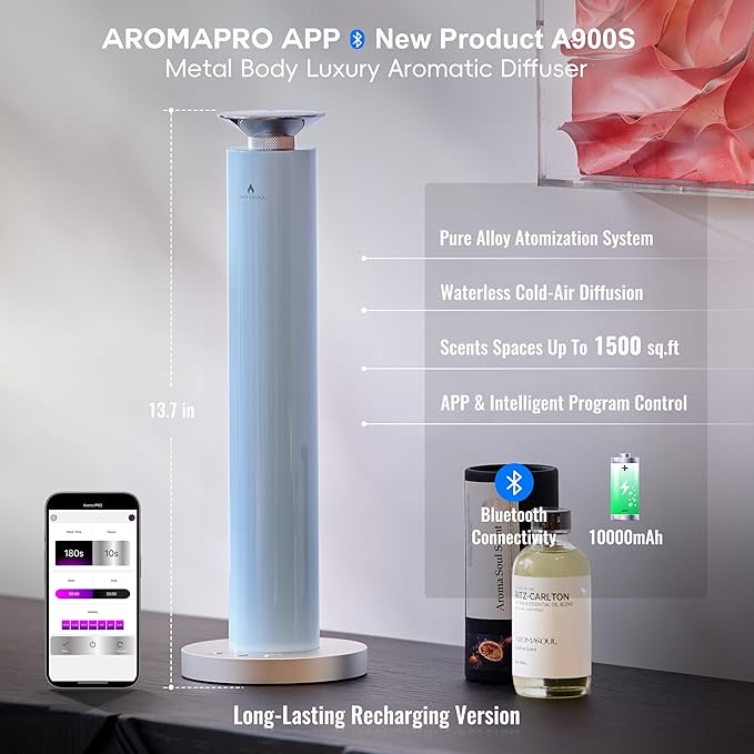 Waterless Scent Diffuser Starter Kit - Alloy Atomization System, Smart Rechargeable Hotel Scent Diffuser, 1500 Sq Ft Coverage, Including 120ml Essential Oil, for Home, Large Room, Spa, Pastel Blue