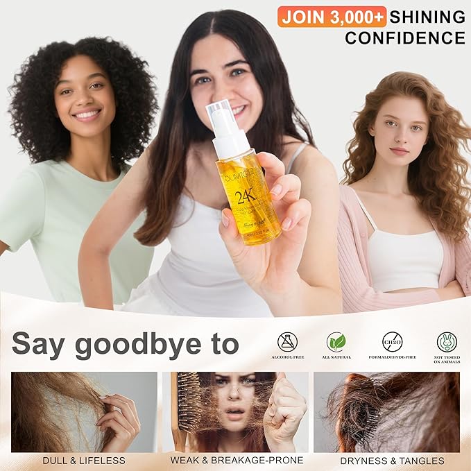 24K Gold Hair Oil, Repair Shine Serum with Coconut, Argan & Olive Oils - Heat Protectant and Frizz Control - Vegan, Lightweight Leave-In Treatment for Dry Damaged Hair (2.02 Fl Oz (Pack of 2))