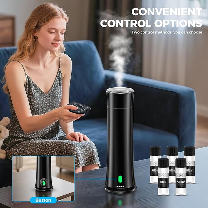 Hotel Scent Diffuser Starter Kit - 1500 Sq Ft Coverage, Hotel Scents Collection, Suitable for Waterless Diffuser Large Room, Contains Five Aromatherapy Essential Oils, Remote Control, Black