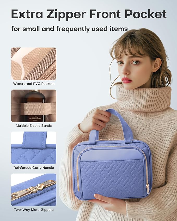 HOTOR Travel Toiletry Bag for Women & Men, Waterproof Makeup Bag with Hanging Hook and Multiple Pockets, Cosmetic Bags for Women, Travel Essentials, 12.6'' x 4.3'' x 9.9'', Aegean-Blue