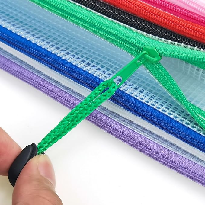 AUSTARK Plastic Mesh Zipper Pouch, 12Pcs Zipper File Bags with Label Pocket, Game Boards Storage Bags, Waterproof Document Storage Bags for Office Home Travel (Receipt Size 9.2x4.1 in)