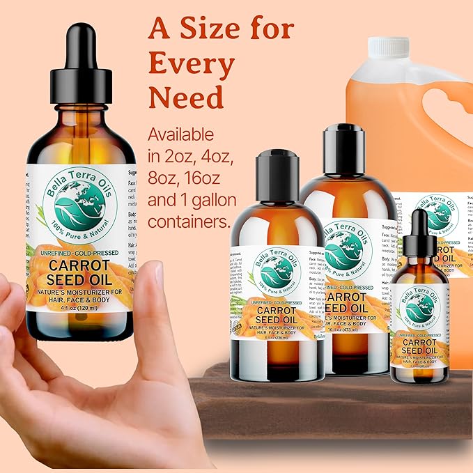 Bella Terra Oils - Organic Carrot Seed Oil 2 oz - Cold-Pressed Elixir, Abundant in Vitamin A & E, Beta-Carotene Richness, Ideal for Nourished Skin Radiance