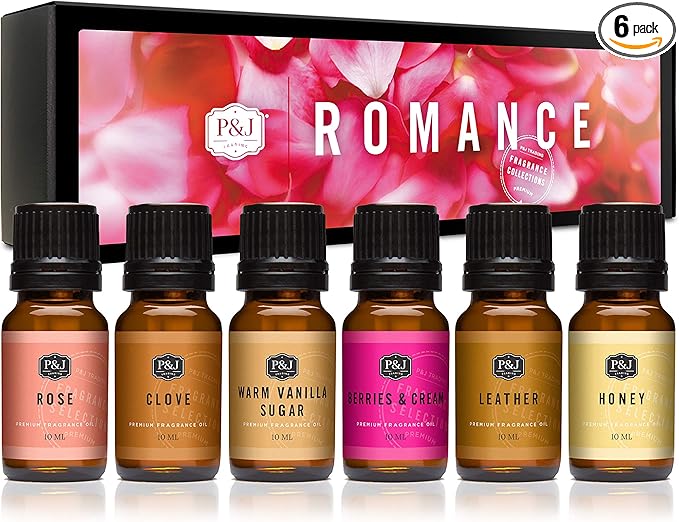 P&J Fragrance Oil Romance Set | Honey, Rose, Leather, Warm Vanilla Sugar, Berries & Cream, Clove Candle Scents for Candle Making, Freshie Scent, Soap Making Supplies, Diffuser Oil Scents