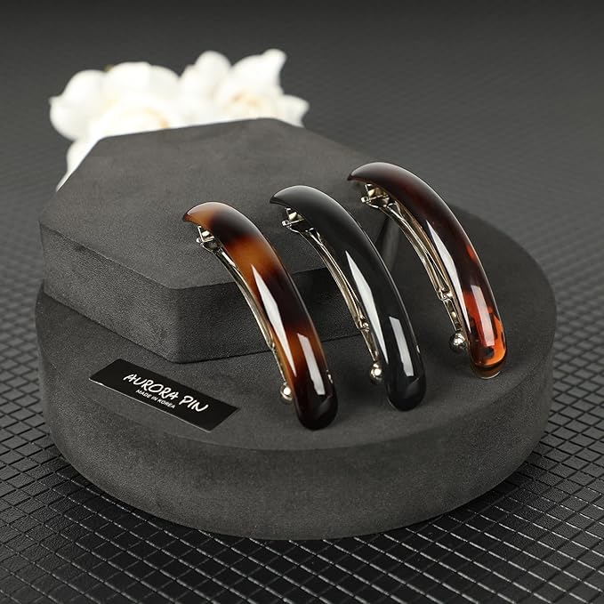 Stylish Tortoise Shell Hair Clip - Autoclasp Barrettes For Styling in an Updo, Bun, Ponytail - Strong Korea Made Accessory for Thick, Medium Volume Hair - Set of 3 Pieces, 3 Colors