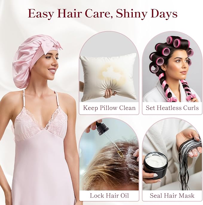 Silk Satin Bonnet Hair Wrap for Sleeping Women, Adjustable Tie Band Double Layer Sleep Night Head Cover for Curly Braid Fine