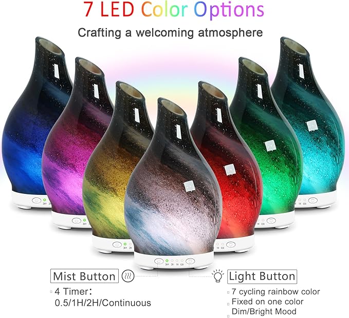 Essential Oil Diffuser 120ML, Glass Aromatherapy Diffuser with 4 Timer Settings & 7 Color Changing Lights, Auto Shut-Off, Ultra Quiet Oil Diffuser for Home, Office, Yoga, Spa and Sleeping