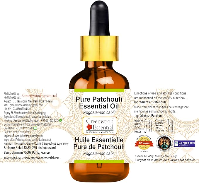 Greenwood Essential Patchouli Essential Oil (Pogostemon cablin) with Glass Dropper | Pure | Non-Sticky | Non-Greasy | Lightweight | Men & Women | All Skin Types | Steam Distilled 10ml (0.33 oz)