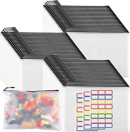 60pcs Large Mesh Zipper Pouch File Bags Reusable Zippered Pouches for Organizing Classroom, Board Game Storage, Puzzle Bags Black