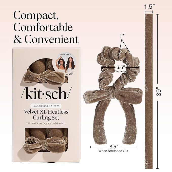 Kitsch Velvet XL Heatless Curling Set - Heatless Curls Overnight - Comfortable No Heat Hair Curlers With Two Velvet Bow Scrunchies to Sleep In for Frizz-Free & Non-Damage Styling - Eucalyptus