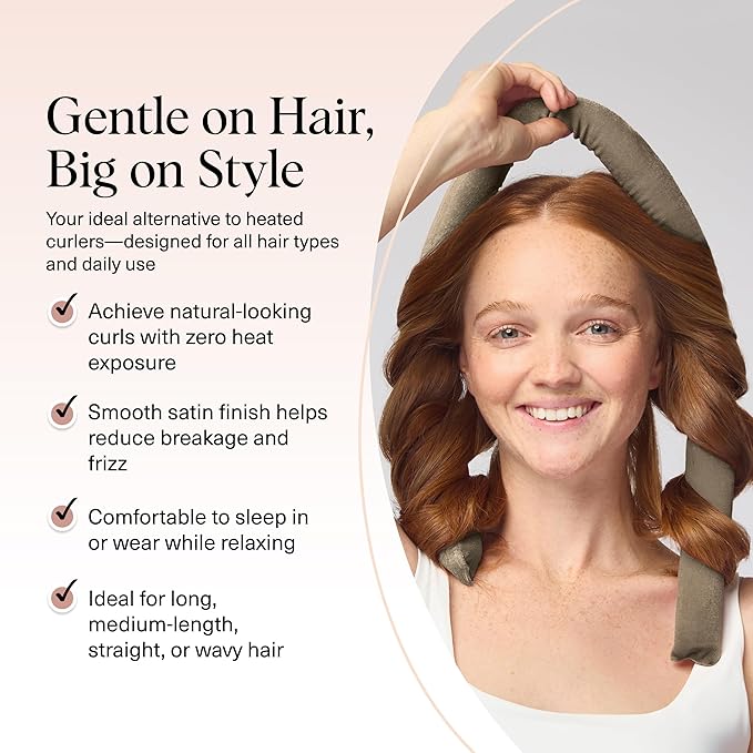 Kitsch Velvet XL Heatless Curling Set - Heatless Curls Overnight - Comfortable No Heat Hair Curlers With Two Velvet Bow Scrunchies to Sleep In for Frizz-Free & Non-Damage Styling - Eucalyptus