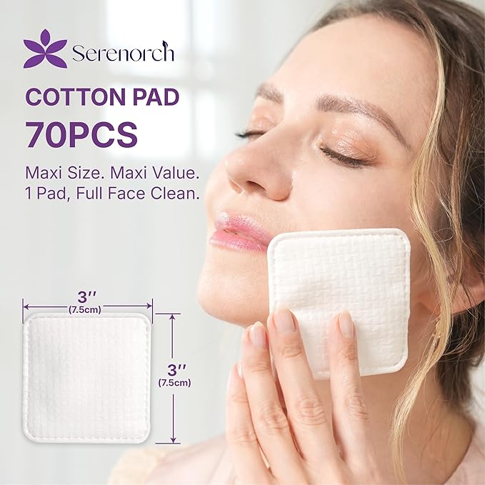 100% Cotton Pads 70PCS, 3x3 Inch Extra Large Triple-Layer Makeup Remover Pads, Soft Lint-Free Cotton Pads for Face Cleansing & Skincare