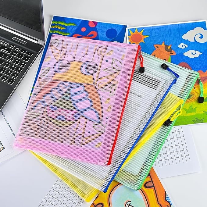 AUSTARK 10 Pcs Zipper File Bags, Waterproof Plastic Mesh Pouch for Office School, Board Game Storage Bags (A4 Size 13.4''x9.4'', Multicolored)