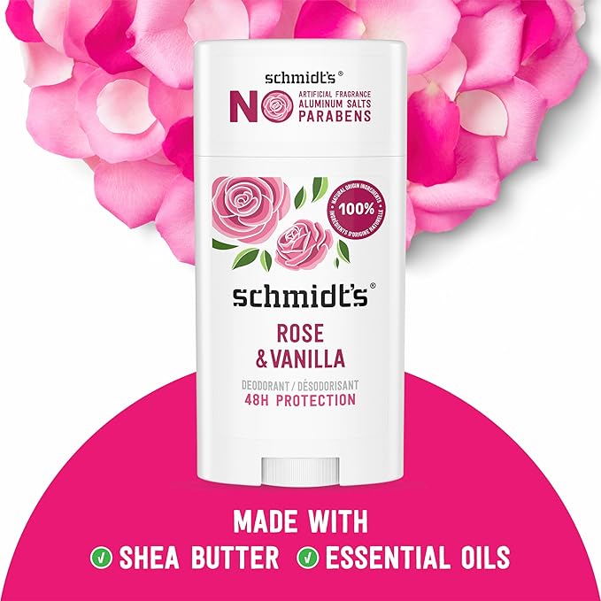 Schmidt's Aluminum-Free Vegan Deodorant Rose & Vanilla with 24 Hour Odor Protection 2 Count for Women and Men, Natural Ingredients, Cruelty-Free, 2.65 oz
