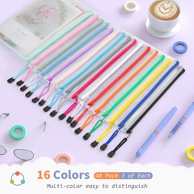 Umriox 48pcs Small Zipper Pouch, Mesh Bags with Zipper, 9.5" x 7.1"/A5 Size 16 Color Pencil Pouches, Storage Bags for Puzzles, Office and Travel Supplies