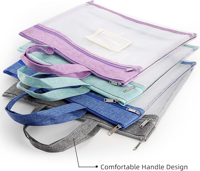 AVLA 4 Pack Student Book Pouches, A4 Mesh Zipper Bag with Handle, File Document Puzzle Bag with Name Card Pocket for Organizing Storage Board Games, School Office Appliances, Convenient to Carry