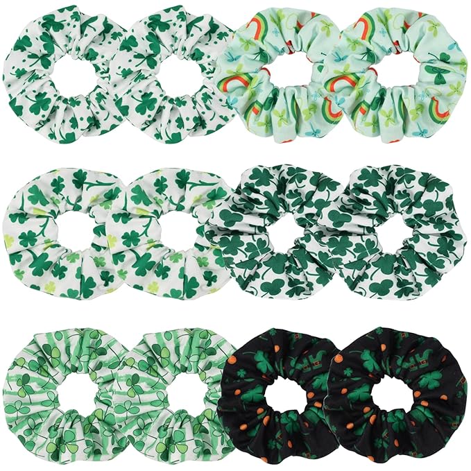Green Shamrock and Rainbow Elastic Hair Scrunchies - 12PCS Gifts for Women & Teen Girls, St. Patrick's Day Decor Hair Accessories