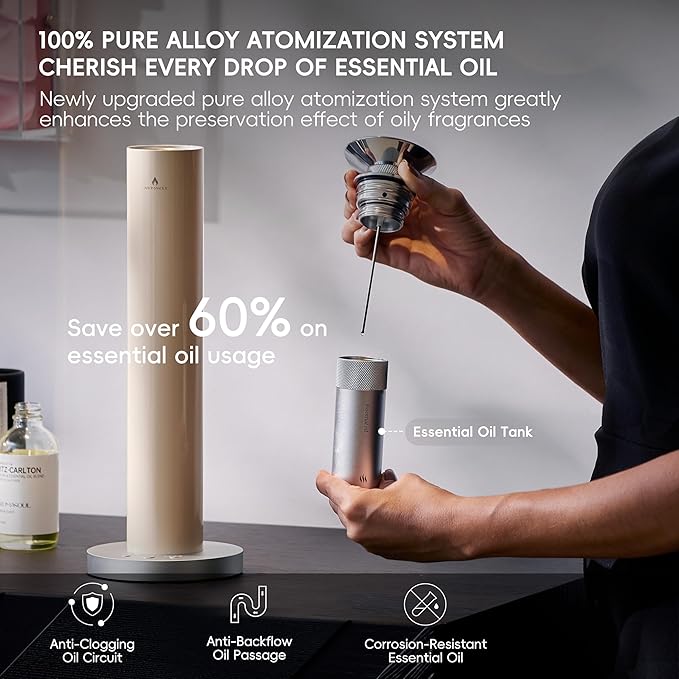 Waterless Scent Diffuser Starter Kit - Alloy Atomization System, Smart Rechargeable Hotel Scent Diffuser, 1500 Sq Ft Coverage, Including 120ml Essential Oil, for Home, Large Room, Spa, Cream