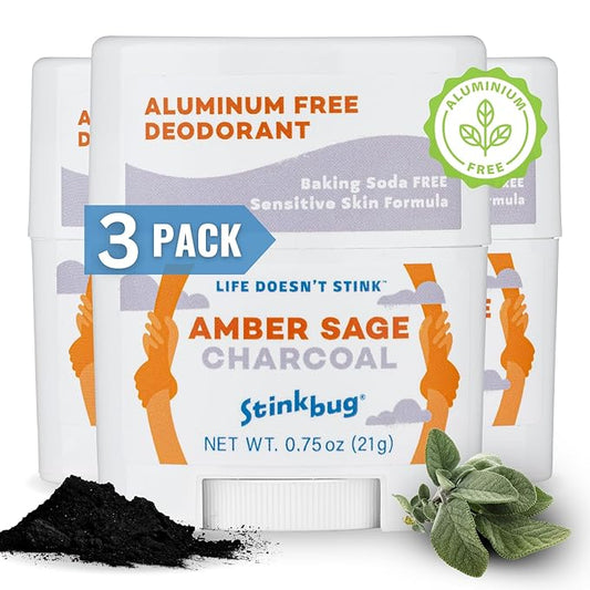 Stinkbug Naturals Organic Aluminum Free Travel Size Deodorant Stick with Amber Sage, Coconut Oil and Activated Charcoal, 0.75 Ounce Pack of 3