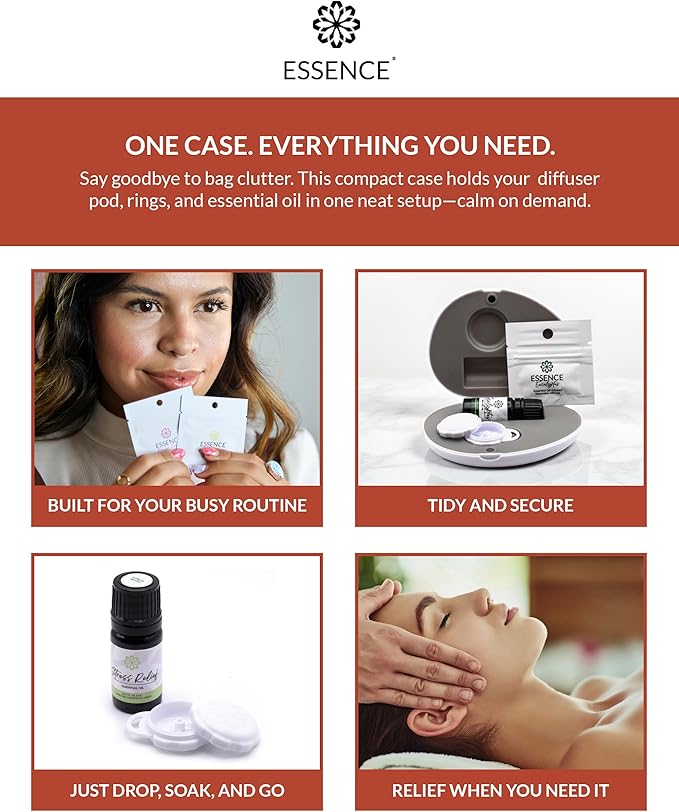 Essence Pearl Travel Case - Wearable Aromatherapy Kit with Nasal Diffuser Rings, Soaking Bay, and 5mL Essential Oil – Portable Wellness Gift Set for On‑The‑Go Self Care