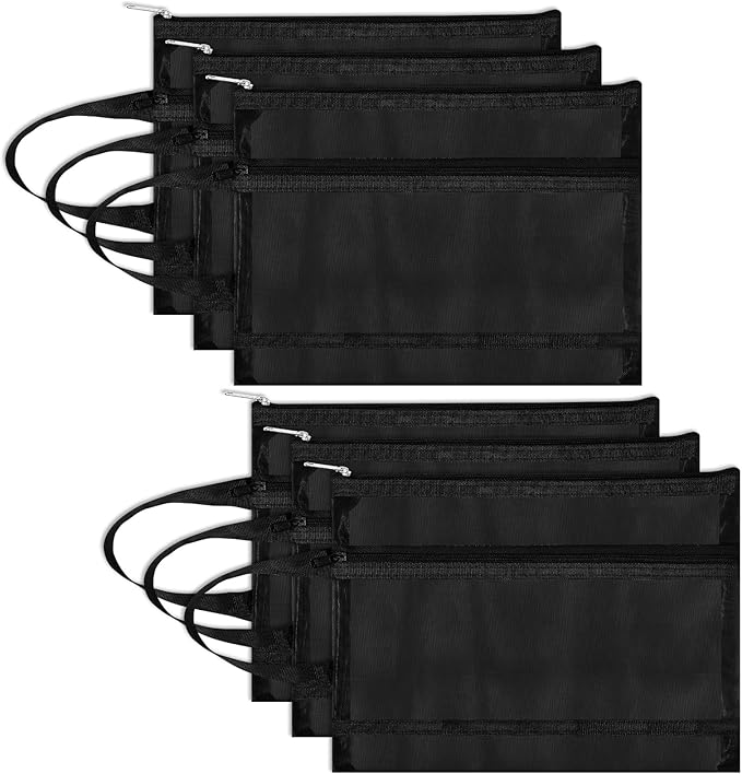 6 Pack Mesh Zipper Pouch Bags, Double Layer Nylon Pouch with Handle for Office Travel Organization (Black, A5)