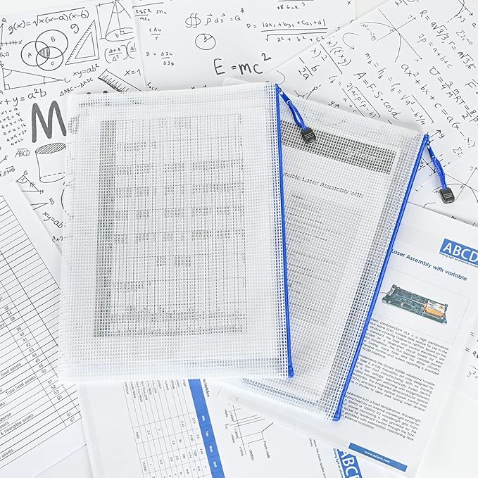 AUSTARK 10 Pcs Zipper File Bags, Waterproof Plastic Mesh Pouch for Office School, Board Game Storage Bags (A4 Size 13.4''x9.4'', White and Blue)