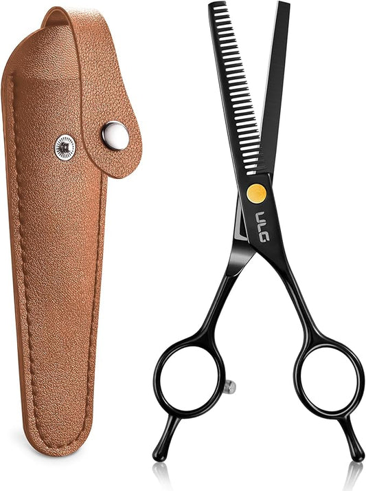 ULG 6.5'' Professional Texturizing & Thinning Shears with PU Leather Case, Ultra Sharp Japanese Stainless Steel, Ambidextrous Ergonomic Handle for Barbers, Stylists, Salon & Home Use, Black