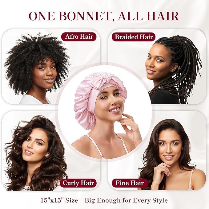 Silk Satin Bonnet Hair Wrap for Sleeping Women, Adjustable Tie Band Double Layer Sleep Night Head Cover for Curly Braid Fine