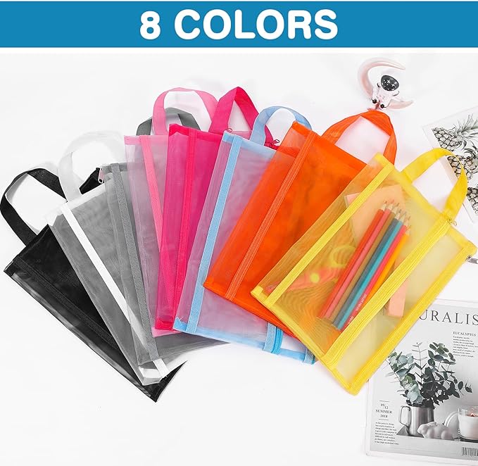 6 Pack Mesh Zipper Pouch Bags, Double Layer Nylon Pouch with Handle for Office Travel Organization (Yellow, A4)