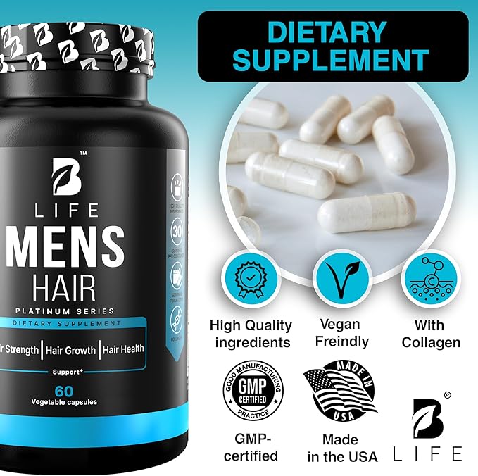 Men’s Hair Growth Supplement – Biotin & Collagen Hair Vitamins for Men – Thicker, Fuller Hair, Nail & Scalp Support – Hair Loss Supplement with Zinc, Selenium & Vitamins A C D E – 60 Capsules