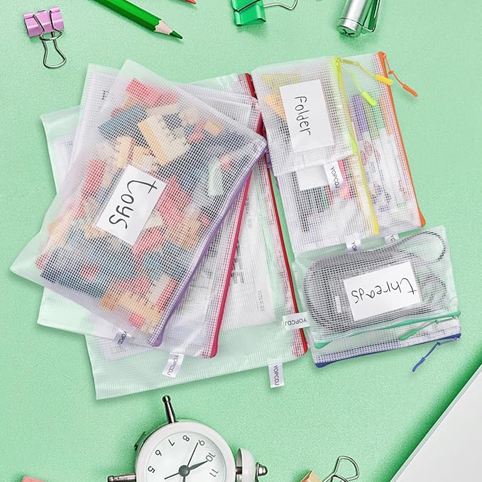 18 Pack 8 Size Mesh Zipper Pouch Bags, Waterproof Zipper Bags with Label Pocket,File Bags for Classroom Organization,Zipper Pouches of Office Supplies,Puzzles, Board Game Storage