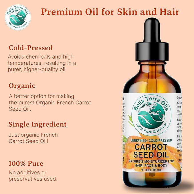 Bella Terra Oils - Organic Carrot Seed Oil 16 oz - Pure Organic Carrot Essence, Offering the Best of Vitamin C & Omega Fatty Acids, The Beacon of Natural Skin Care