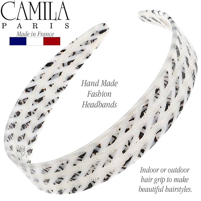 Camila Paris CP3465 French Headband for Women, Handmade White and Gray, Strong Hold Grip Women's Hair Band, Ligth and Very Flexible, No Slip and Durable Styling Girls Hair Accessories, Made in France