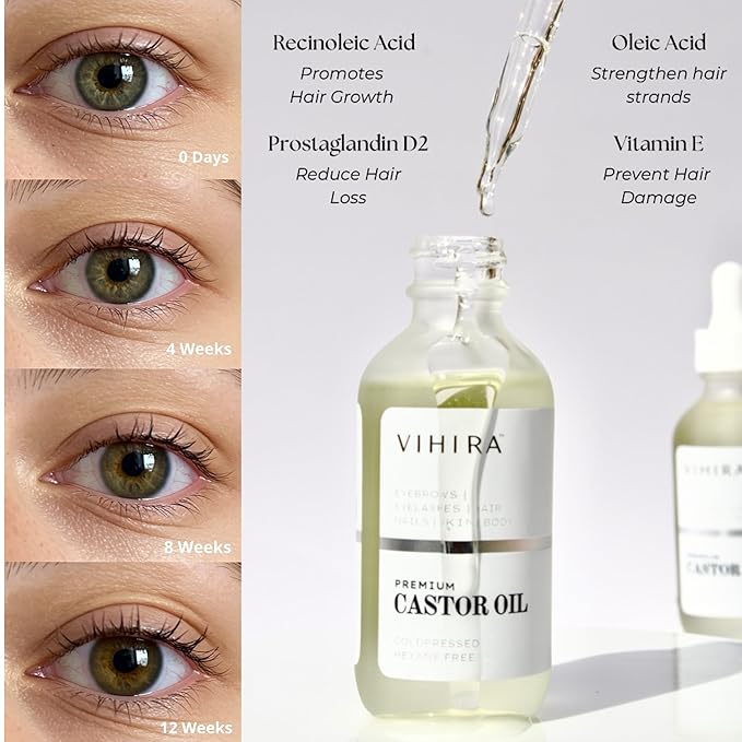 Premium Organic Castor Oil (2 Fl Oz), Cold Pressed, 100% Pure, Extra Virgin, Hexane Free, Castor Oil for Hair Growth, Eyelash, Eyebrow, Cuticles, Nails, Skin, Belly Button, Muscle & Wellness.