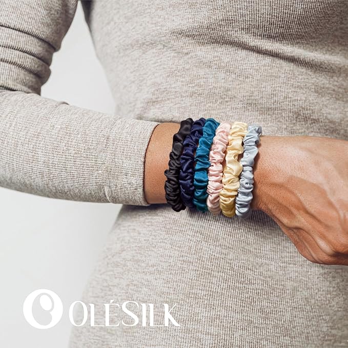 OLESILK Silk Hair Ties for Women: 100% Mulberry Skinny Silk Scrunchies, Soft Smooth No Damage No Crease for Thin Fine Curly Hair 3 Pack, Multi-3
