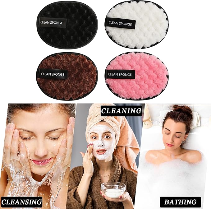 Vtrem 4 Colors Reusable Makeup Remover Pads Soft Facial Cleaning Puffs Towels Face Eye Lip Remover Pads Double-Side Washable Make Up Removing Cloth Microfiber, White/Pink/Brown/Black