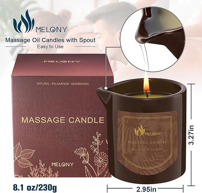 MELONY Massage Oil Candle for Pure Relaxation - 8.1 oz - Moisturizing Essential Oil Body Massage Candle for Home Spa- Amazing Gift for Women & Men (Bourbon & Caramel)