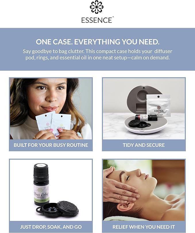 Essence Pearl Travel Case - Wearable Aromatherapy Kit with Nasal Diffuser Rings, Soaking Bay, and 5mL Essential Oil – Portable Wellness Gift Set for On?The?Go Self Care