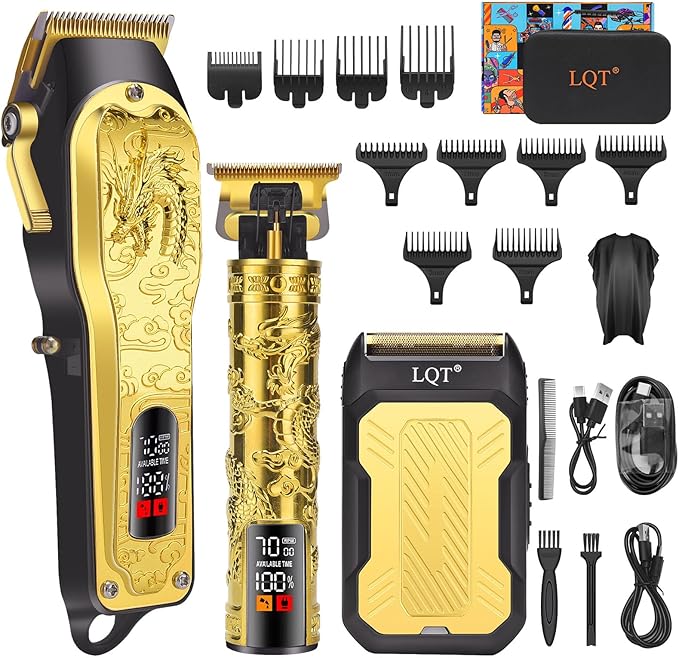 Professional 3-in-1 Haircut and Shaving Set, Gold Design LED Display 17 Accessories + Travel Storage Box, Equipped with Large Capacity Battery, Holiday Gift, Men's Gift