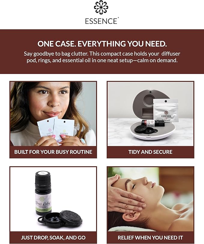Essence Pearl Travel Case - Wearable Aromatherapy Kit with Nasal Diffuser Rings, Soaking Bay, and 5mL Essential Oil – Portable Wellness Gift Set for On?The?Go Self Care