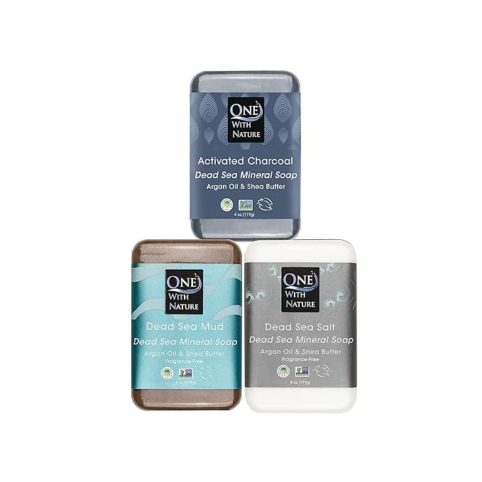 One With Nature Dead Sea Soap 4oz Variety 3Pk-Dead Sea Mud, Activated Charcoal, and Dead Sea Salt-Detoxifying and Exfoliating Soap Bars with Dead Sea Salt for Face & Body, for Men & Women
