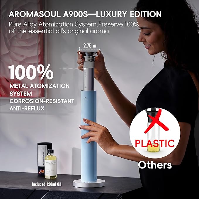 Waterless Scent Diffuser Starter Kit - Alloy Atomization System, Smart Rechargeable Hotel Scent Diffuser, 1500 Sq Ft Coverage, Including 120ml Essential Oil, for Home, Large Room, Spa, Pastel Blue