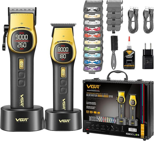 VGR 885 S2 Cordless Barber Clippers and Trimmers Kit, Professional Hair Clippers for Men, Haircut Kit with DLC-Coated Ceramic Blades, 21-Speed Roller, 2 Magnetic Charging Bases, LED Display, Gold