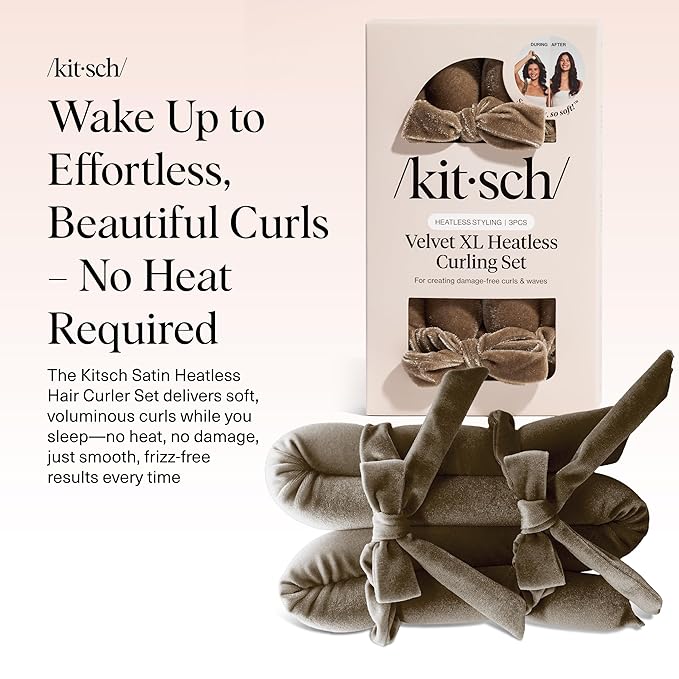 Kitsch Velvet XL Heatless Curling Set - Heatless Curls Overnight - Comfortable No Heat Hair Curlers With Two Velvet Bow Scrunchies to Sleep In for Frizz-Free & Non-Damage Styling - Eucalyptus
