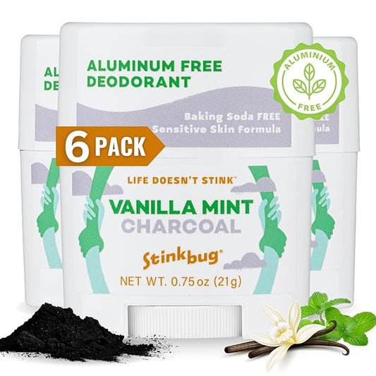Stinkbug Naturals Organic Aluminum Free Travel Size Deodorant Stick with Vanilla Mint, Coconut Oil and Activated Charcoal, 0.75 Ounce Pack of 6