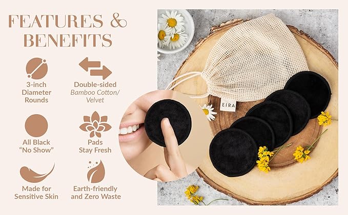 EIRA's Washable Makeup Remover Pads - Black Bamboo Reusable Cotton Rounds with Wooden Holder. Makeup Remover Cloths - Eco-Friendly - Zero Waste Reusable Makeup Remover Pads Set