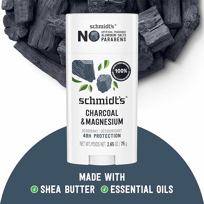 Schmidt's Aluminum-Free Vegan Deodorant Charcoal & Magnesium with 48 Hour Odor Protection, 2 Count for Women and Men, Natural Ingredients, Cruelty-Free, 2.65 oz, Pack of 2
