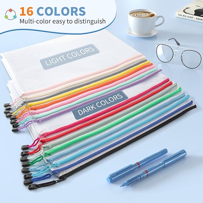 Umriox 32PCS 16 Colors Small Zipper Pouch, 9.5 x 7.1 in, Zipper Bags for Puzzles, School Office Supplies and Travel Storage